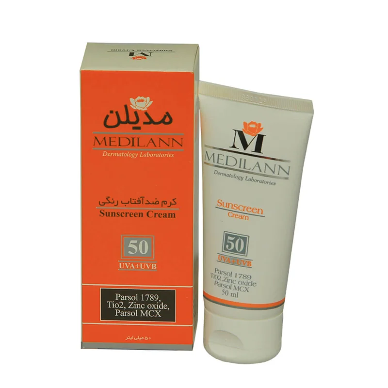 کرم ضد آفتاب رنگی SPF50 مدیلن مناسب پوست های معمولی و خشک ۵۰ میل